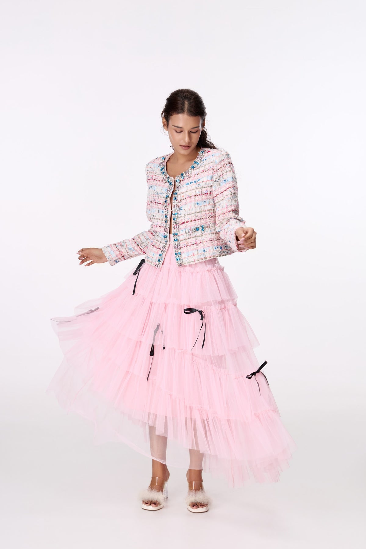 Pastel Jewel-Button Textured Jacket by STAGEE, in motion