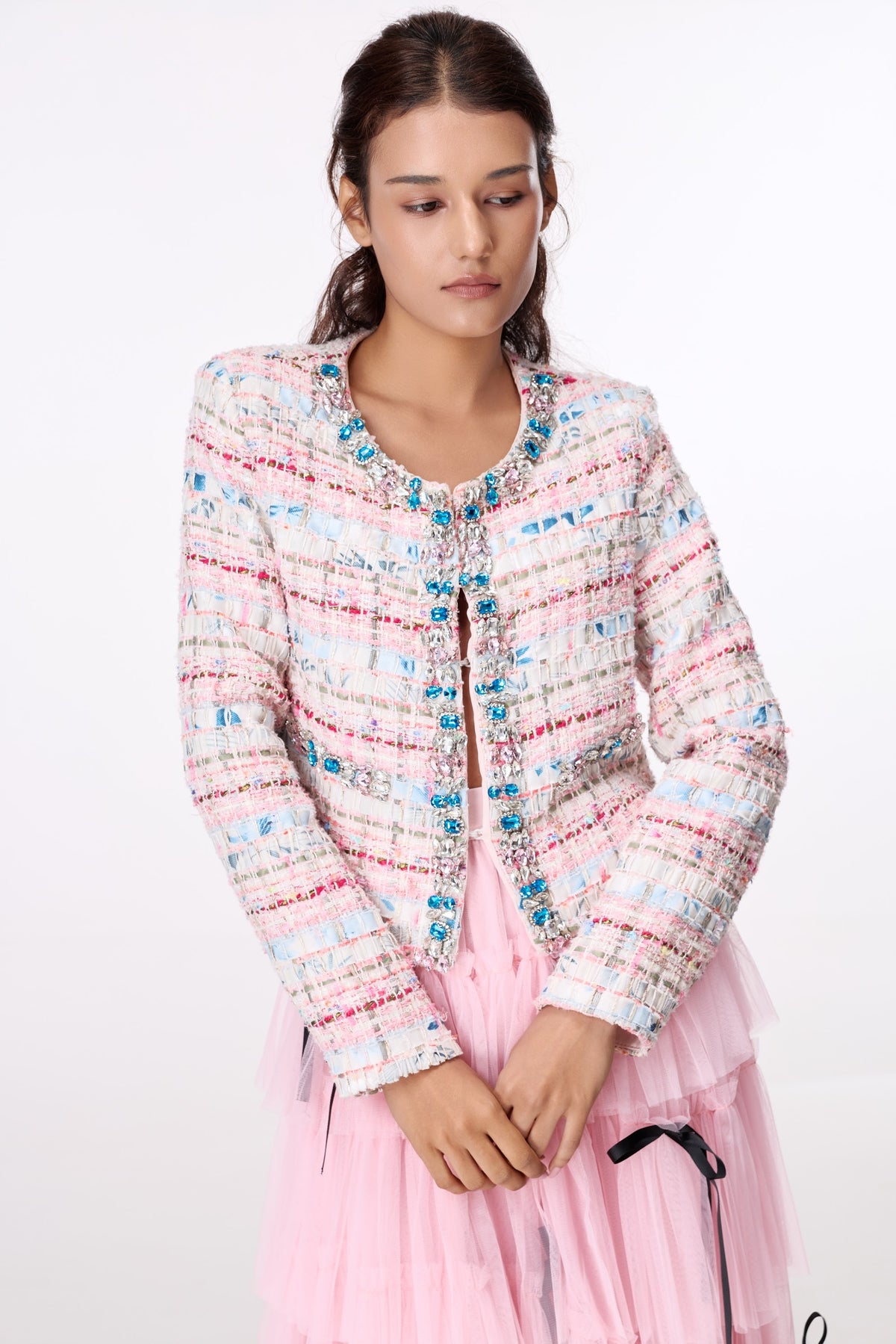 Pastel Jewel-Button Textured Jacket by STAGEE, close-up