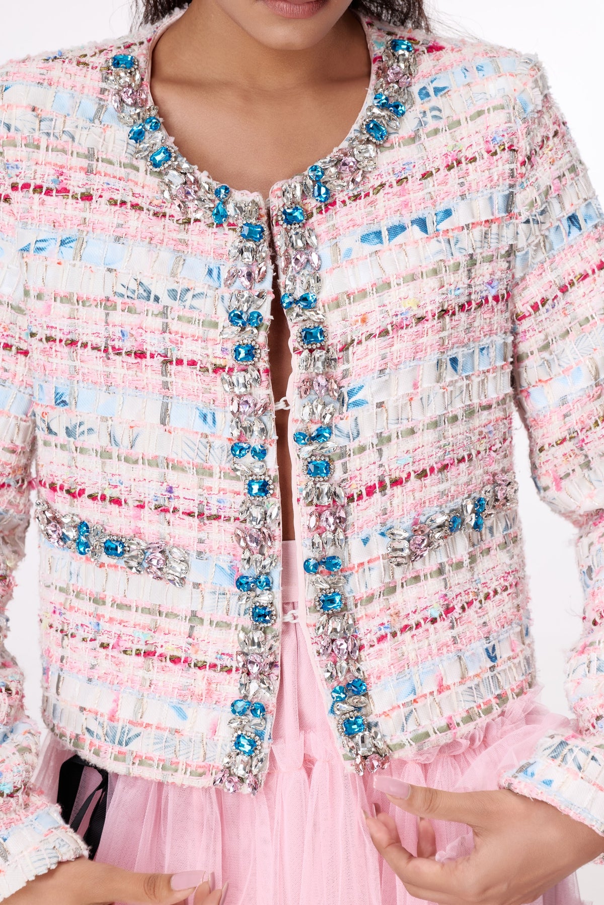Pastel Jewel-Button Textured Jacket by STAGEE, fabric and detail