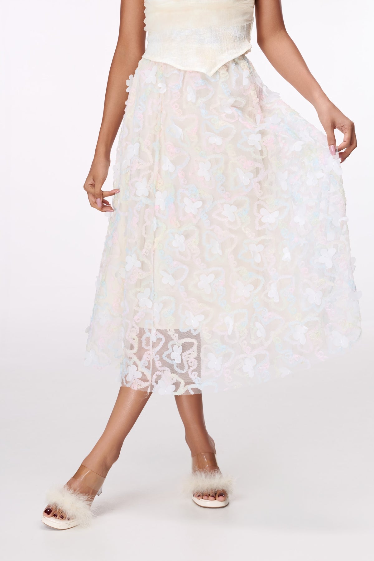 Petal Haze Floral Midi Skirt by STAGEE, fabric and detail