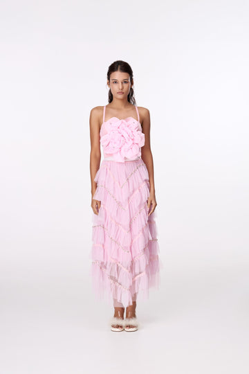 Pink Cloud Tiered Maxi Skirt by STAGEE, front view