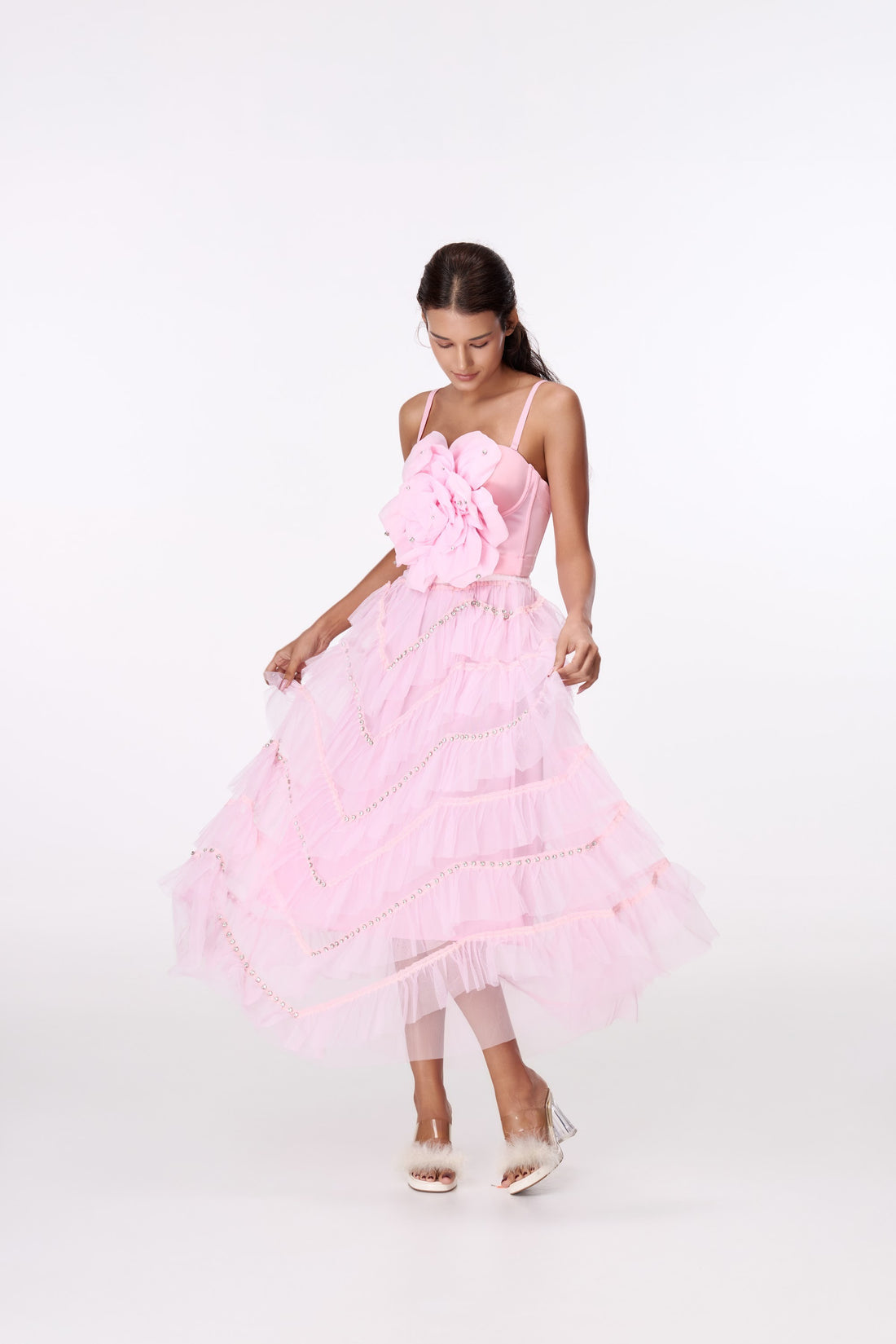 Pink Cloud Tiered Maxi Skirt by STAGEE, front view