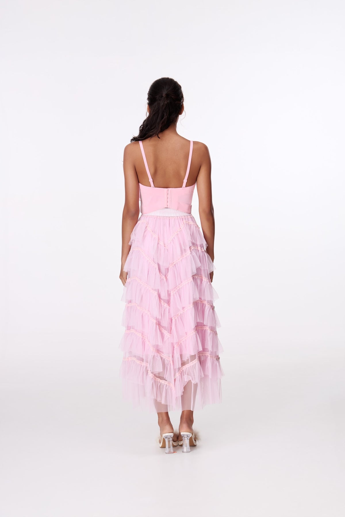 Pink Cloud Tiered Maxi Skirt by STAGEE, back view