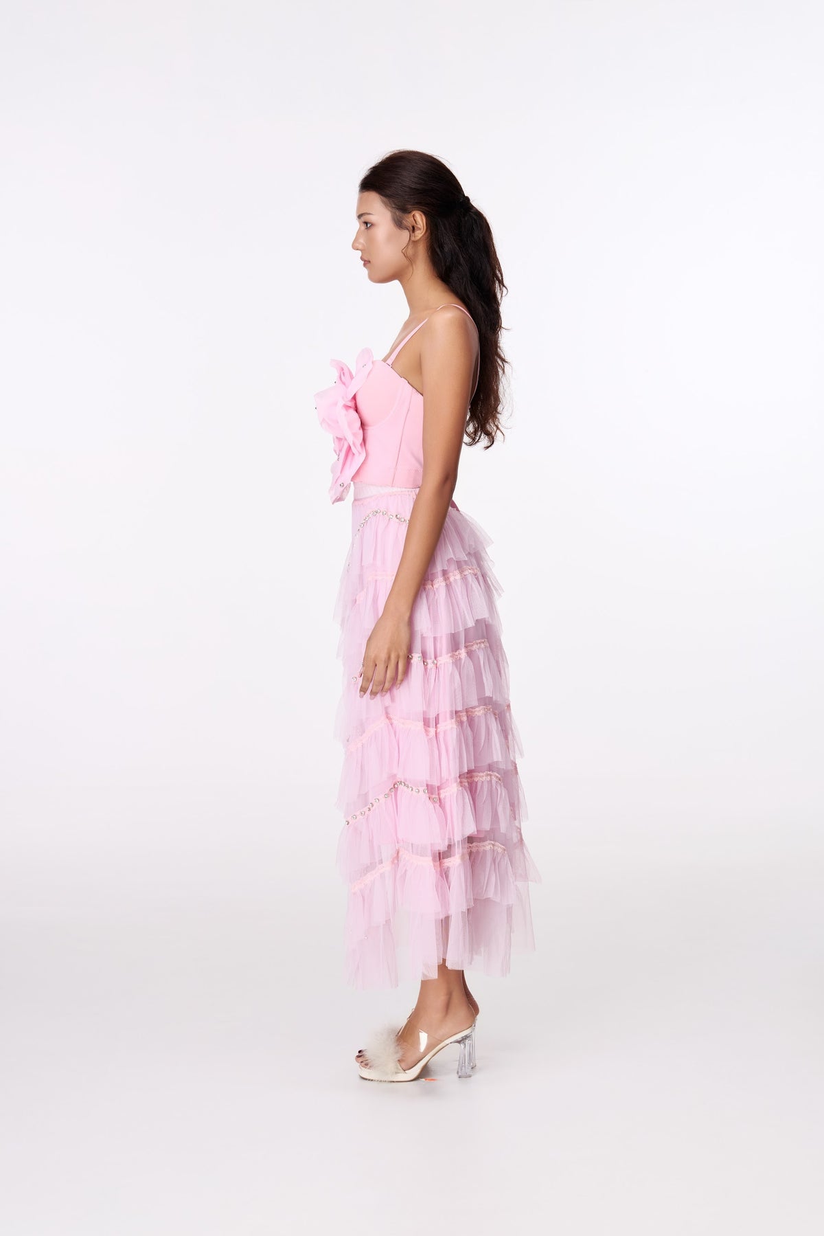 Pink Cloud Tiered Maxi Skirt by STAGEE, side view