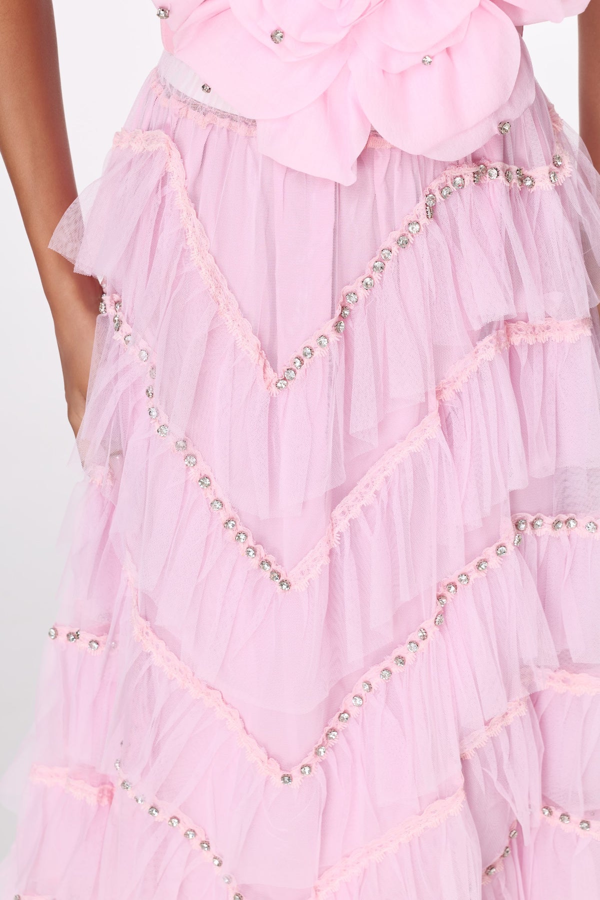 Pink Cloud Tiered Maxi Skirt by STAGEE, fabric and detail