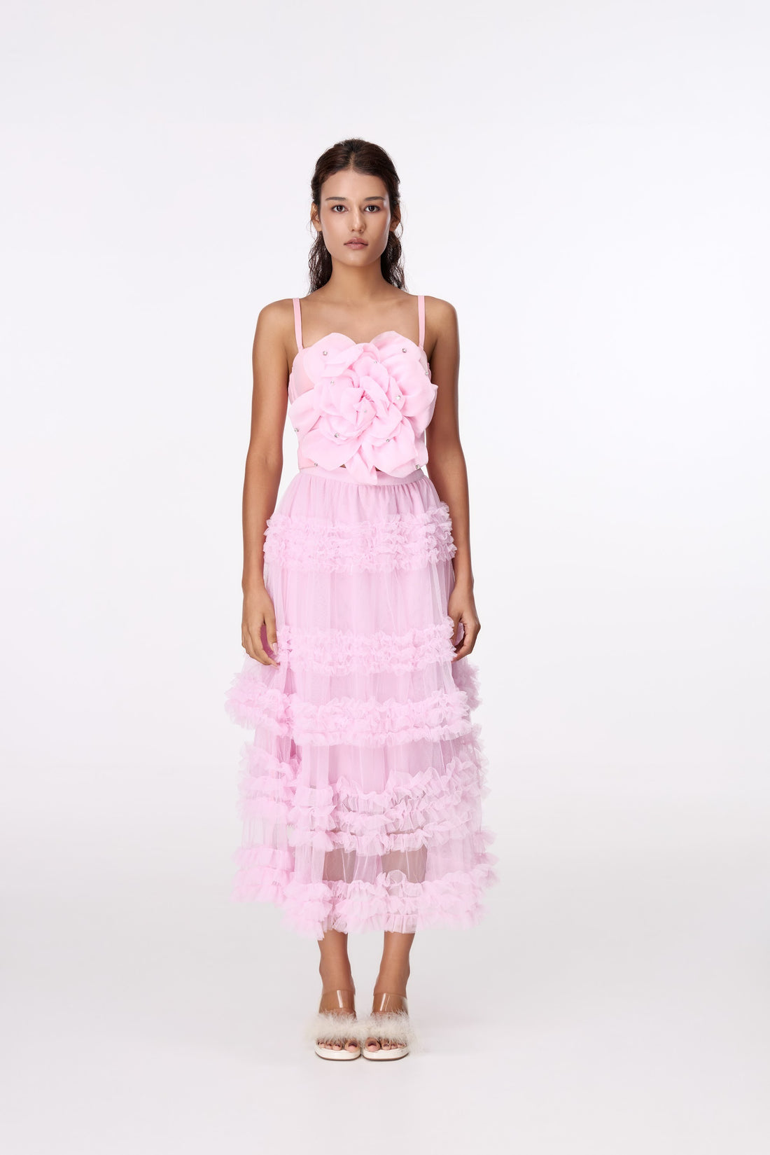 Pink Lace-Tier Maxi Skirt by STAGEE, front view