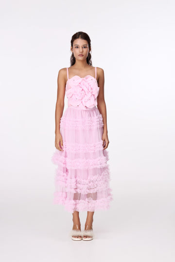 Pink Lace-Tier Maxi Skirt by STAGEE, front view