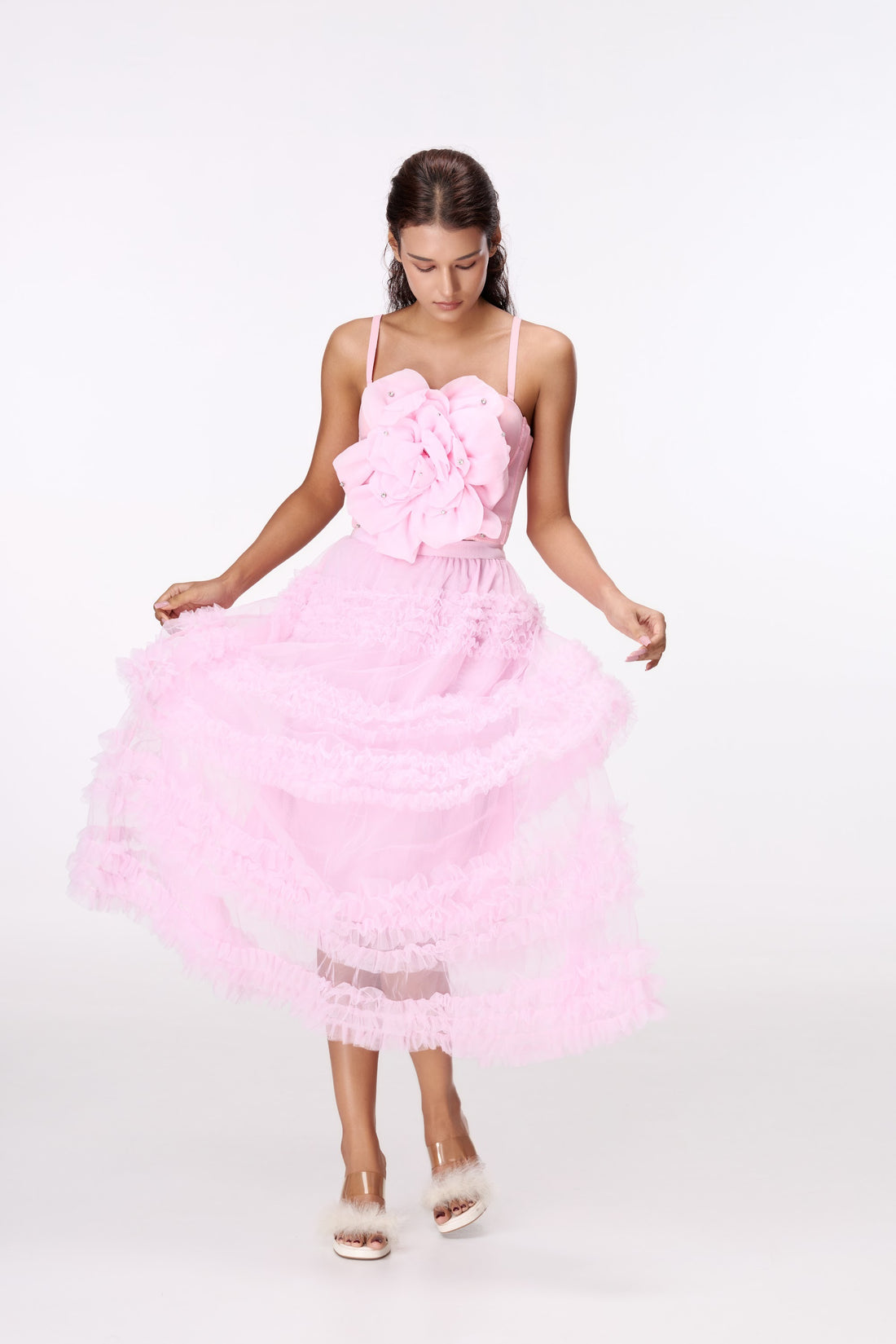 Pink Lace-Tier Maxi Skirt by STAGEE, front view