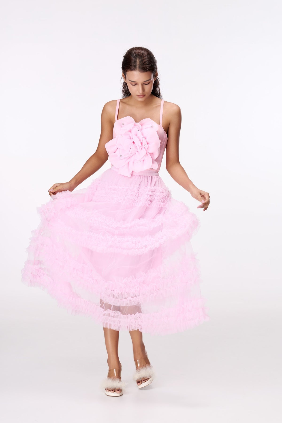 Pink Lace-Tier Maxi Skirt by STAGEE, in motion