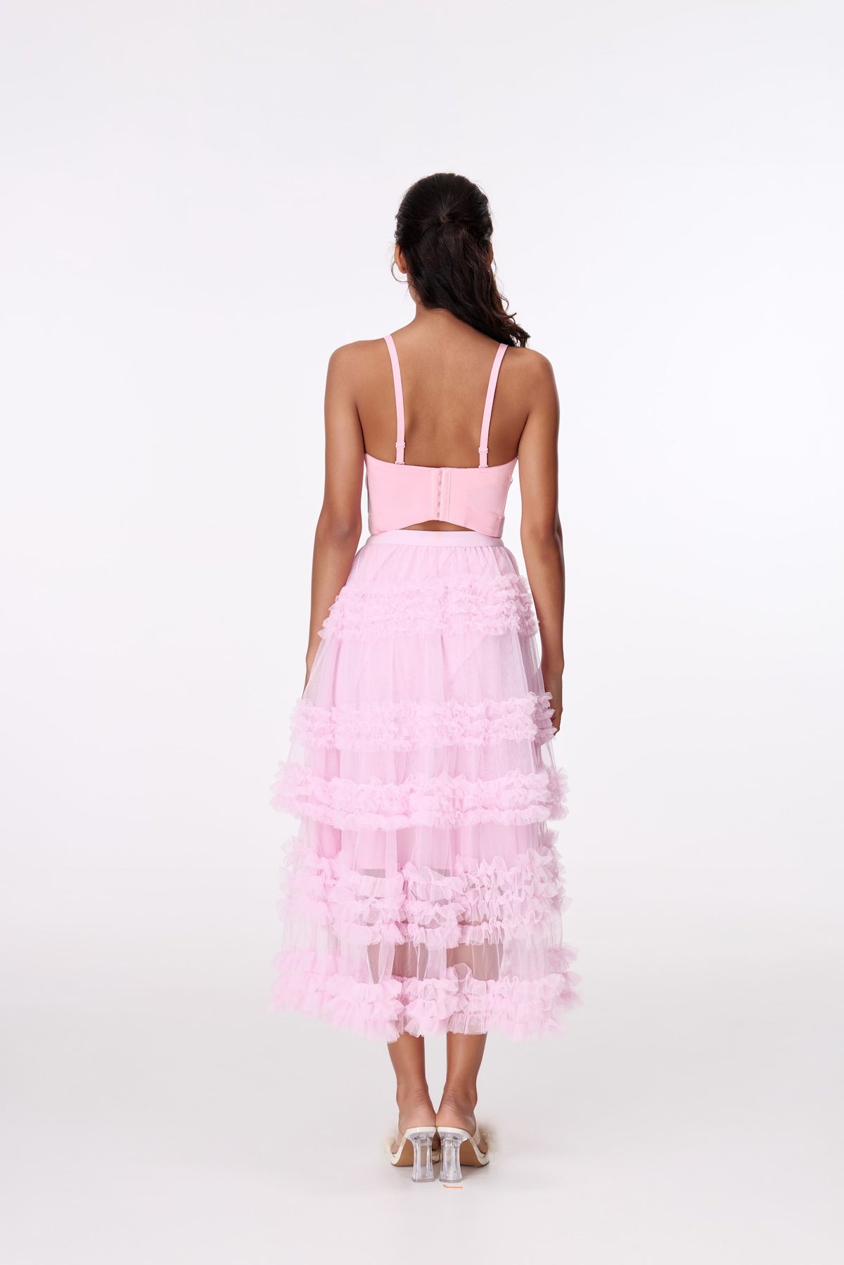 Pink Lace-Tier Maxi Skirt by STAGEE, back view
