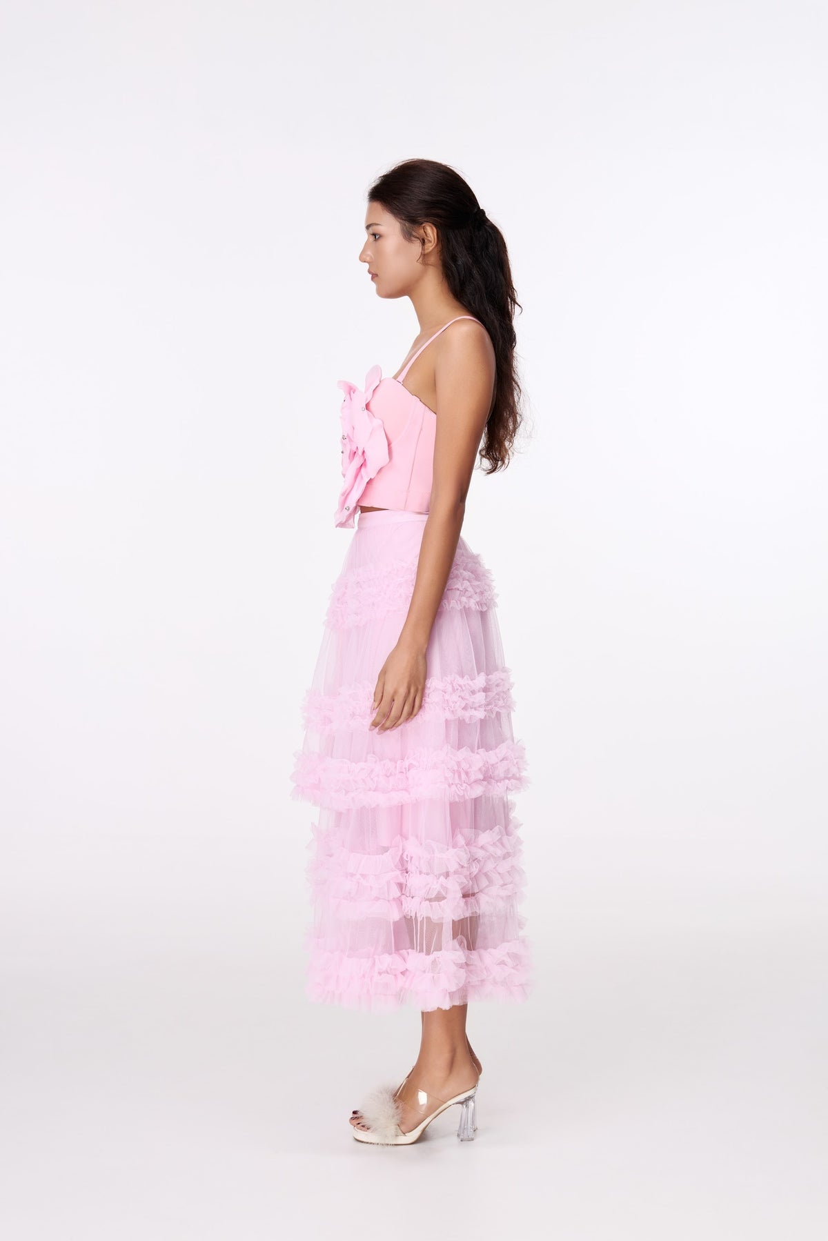 Pink Lace-Tier Maxi Skirt by STAGEE, side view