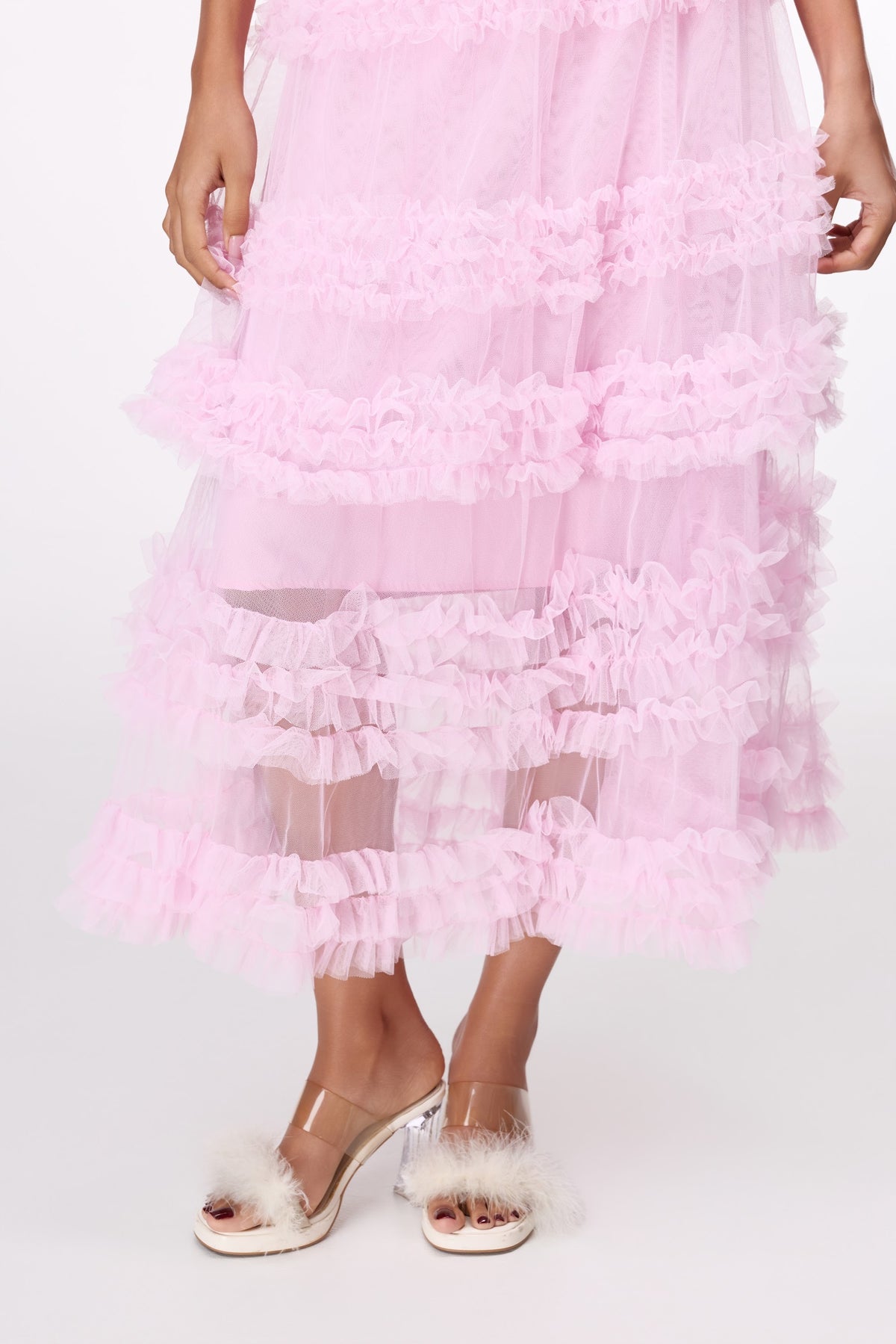 Pink Lace-Tier Maxi Skirt by STAGEE, close-up