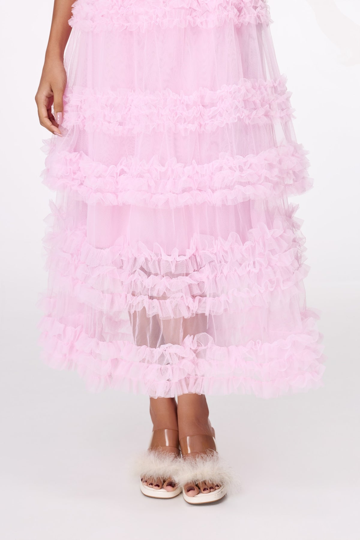 Pink Lace-Tier Maxi Skirt by STAGEE, fabric and detail