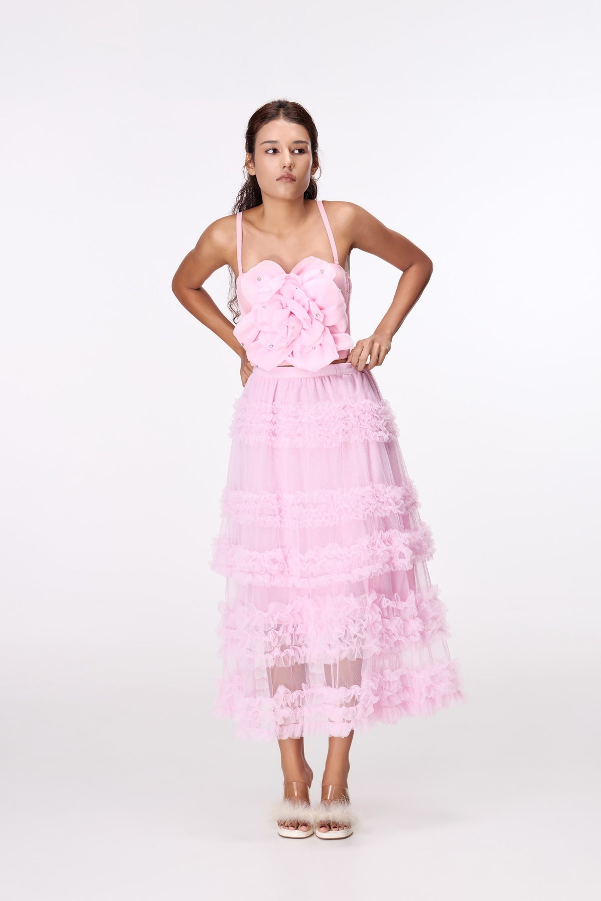 Pink Lace-Tier Maxi Skirt by STAGEE, styled look