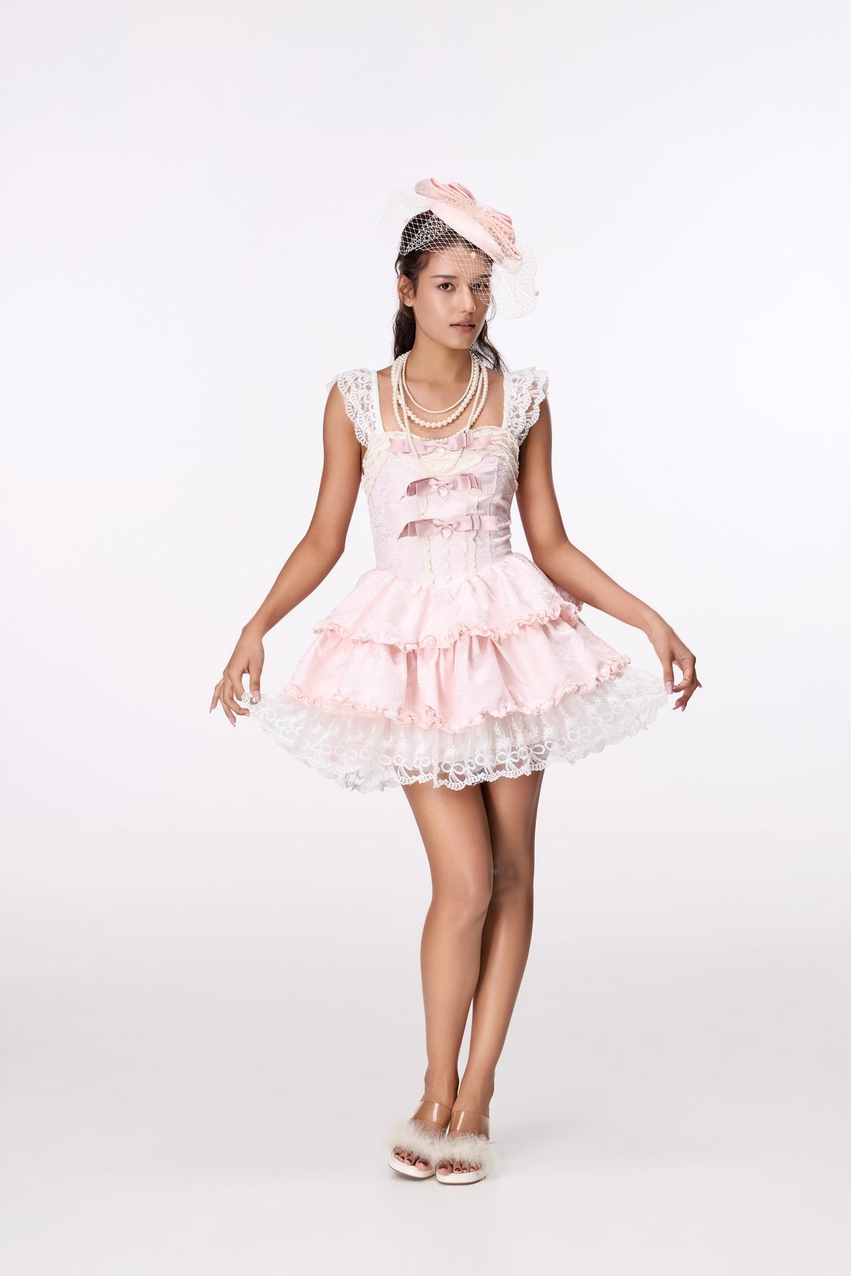 Pink Ribbon Tiered Mini Dress by STAGEE, in motion