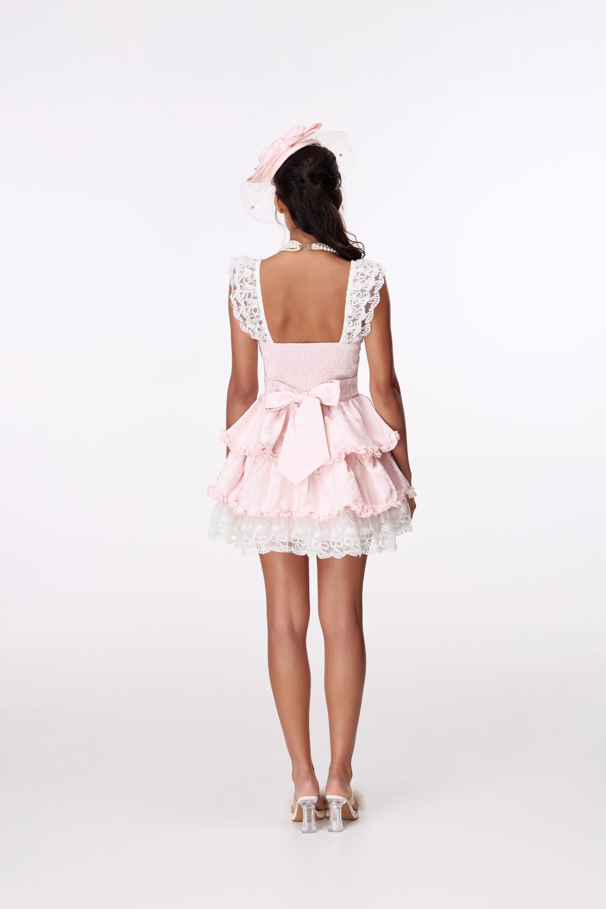 Pink Ribbon Tiered Mini Dress by STAGEE, back view