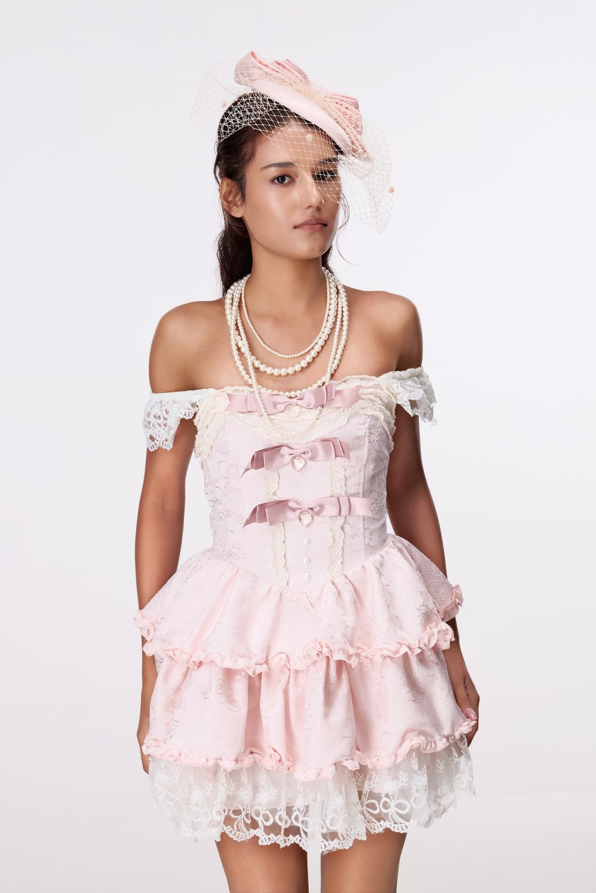 Pink Ribbon Tiered Mini Dress by STAGEE, fabric and detail