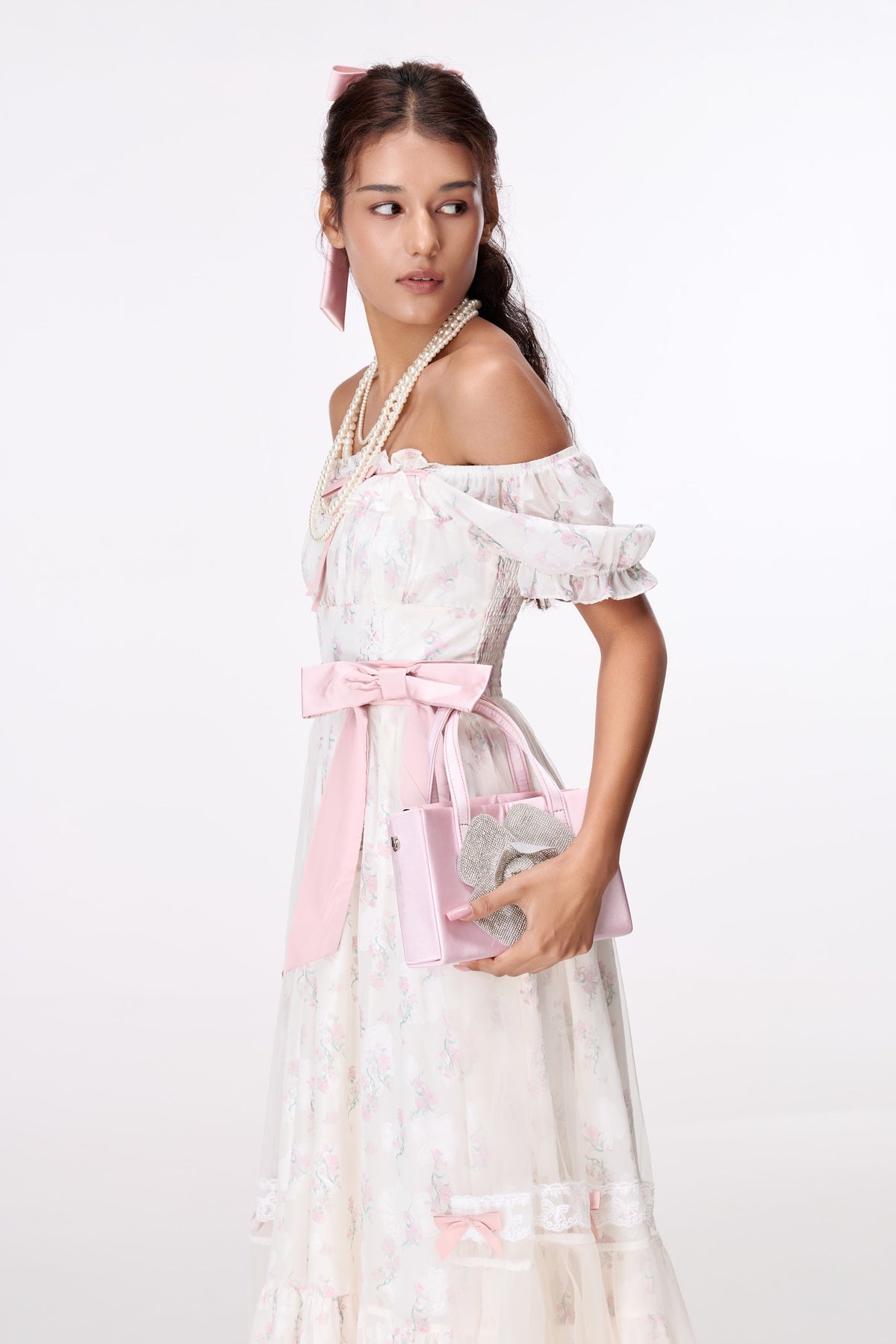 Pink Trailing Bow Hair Accessory by STAGEE, full look