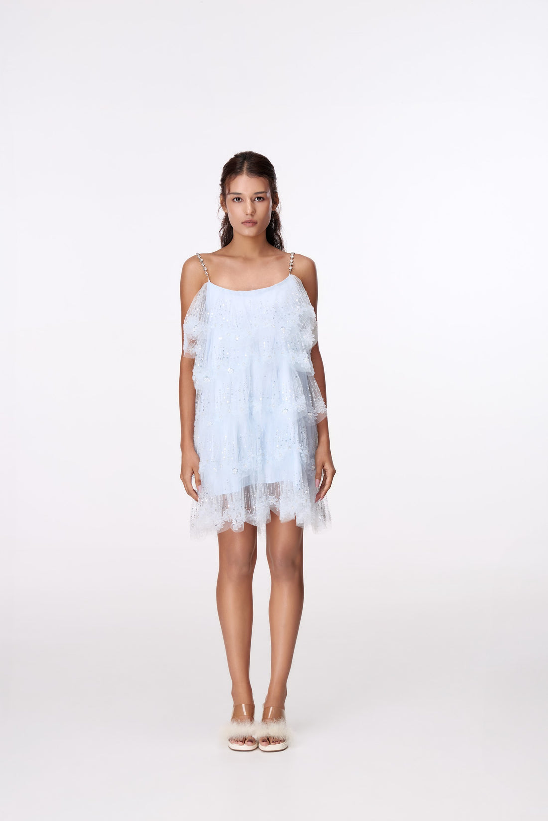 Powder Blue Flutter Mini Dress by STAGEE, front view