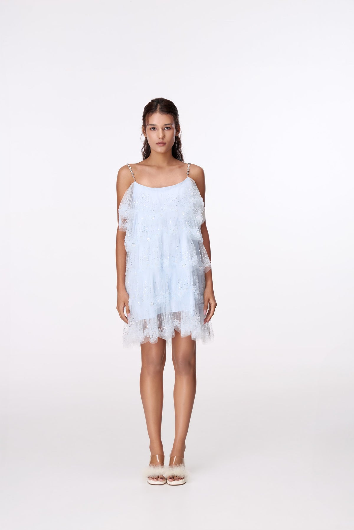 Powder Blue Flutter Mini Dress by STAGEE, front view