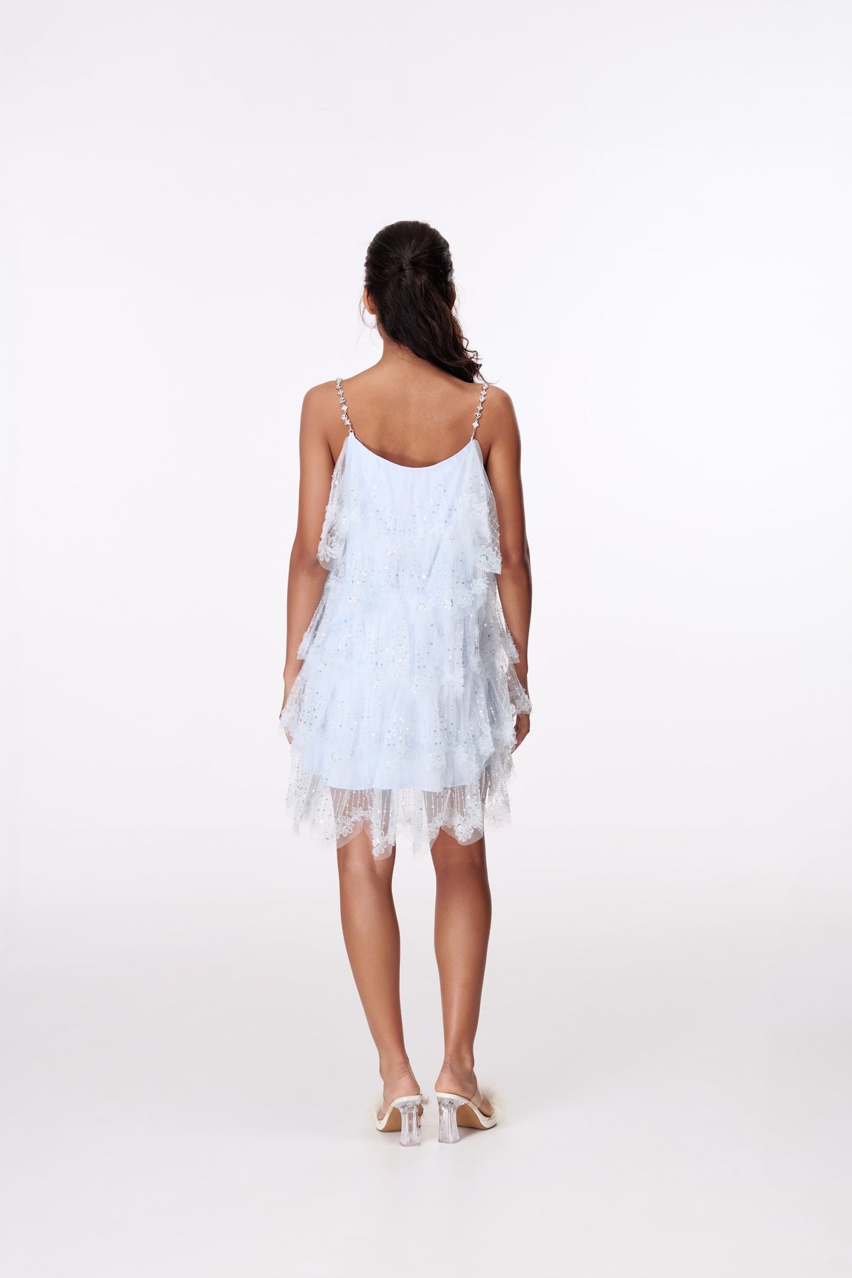 Powder Blue Flutter Mini Dress by STAGEE, back view