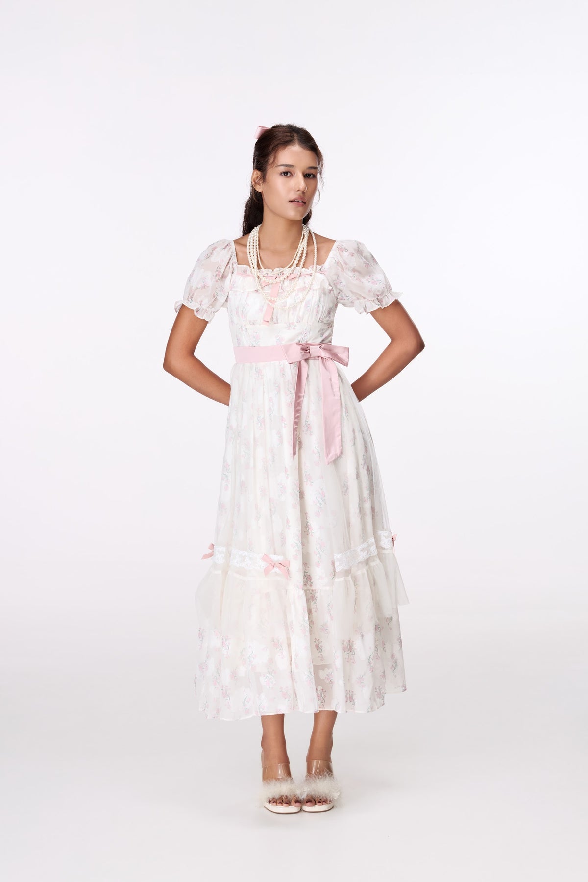 Rose Ribbon Lace Midi Dress by STAGEE, in motion