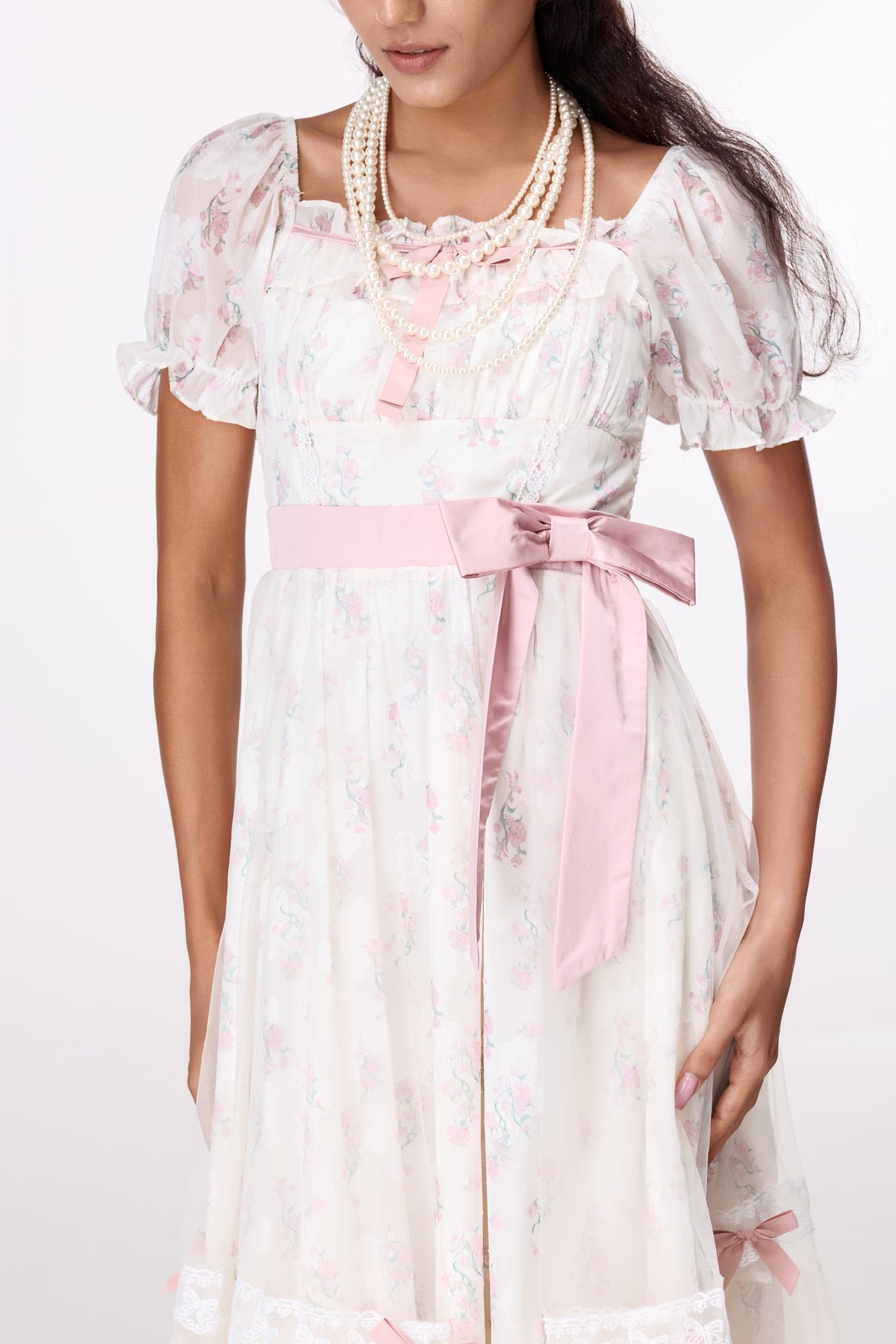 Rose Ribbon Lace Midi Dress by STAGEE, close-up