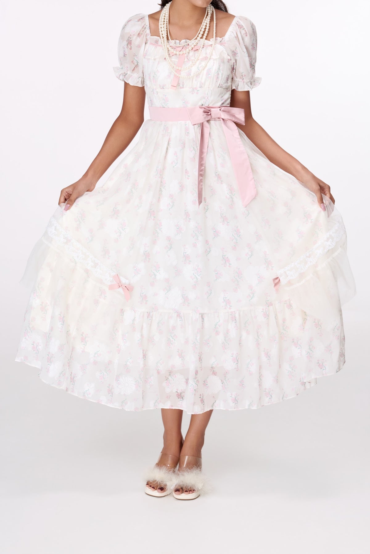 Rose Ribbon Lace Midi Dress by STAGEE, fabric and detail